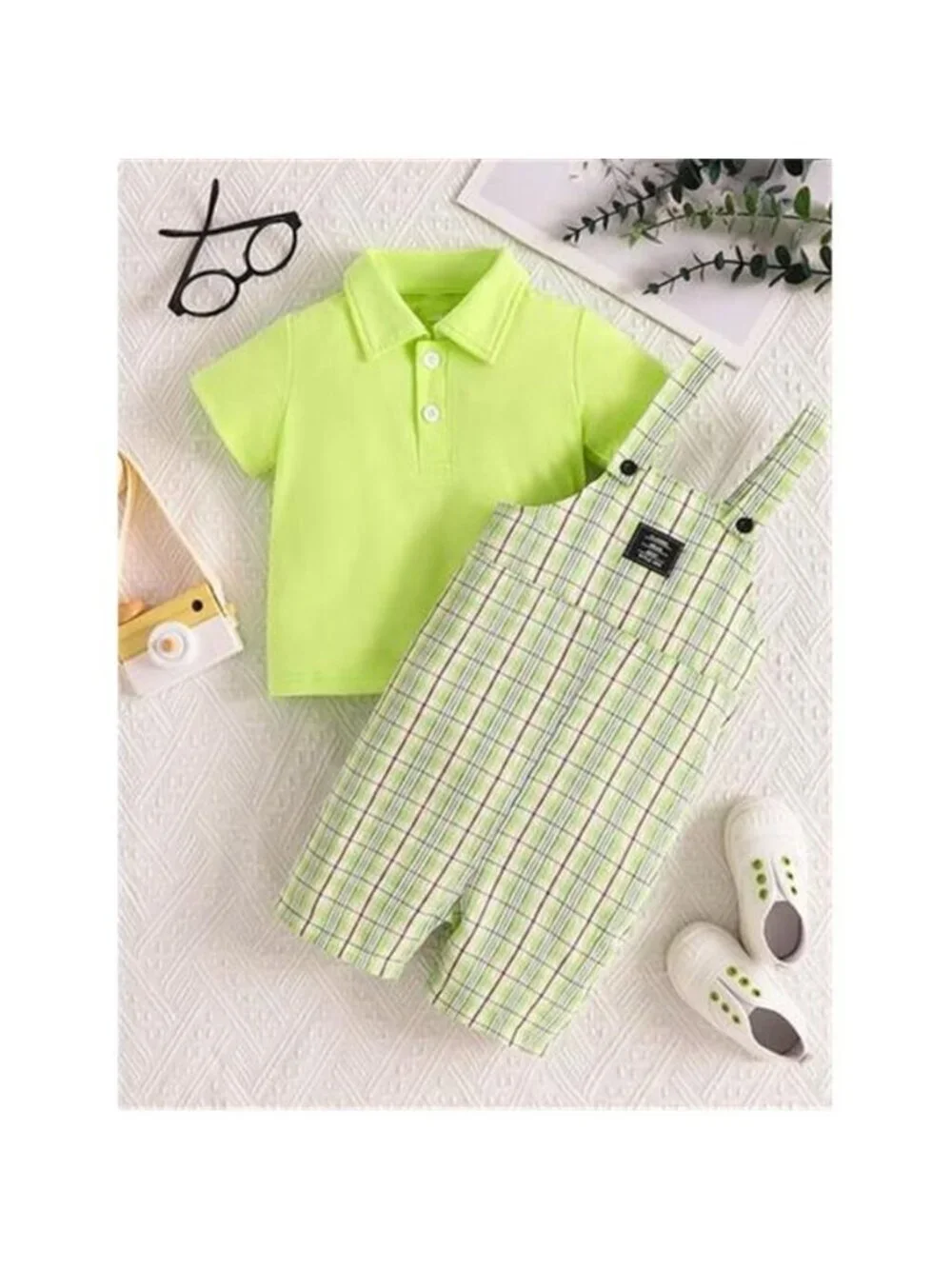 Children's Solid Color Polo & Plaid Overalls Set